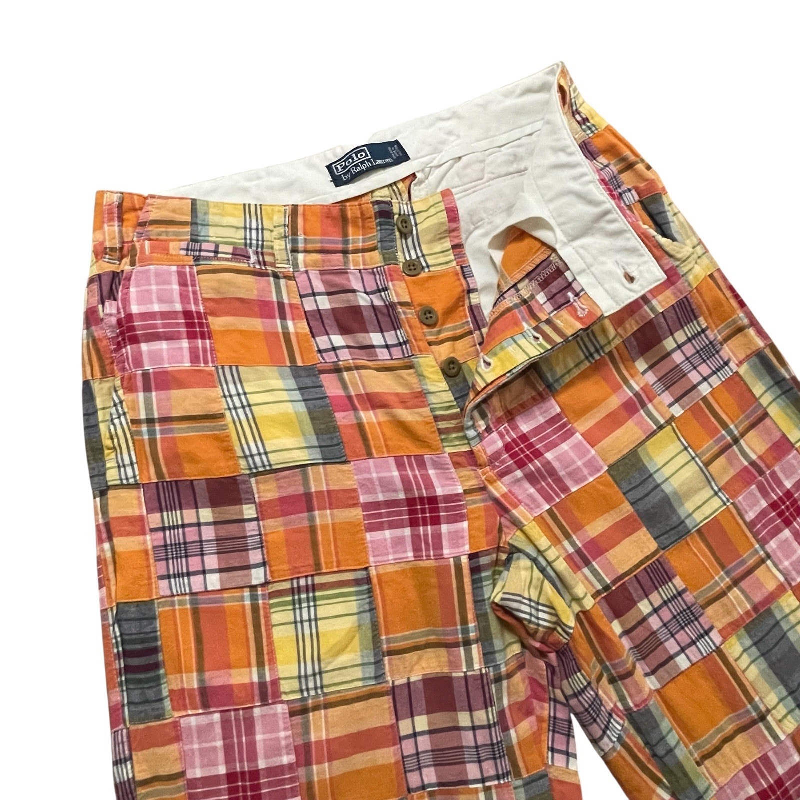 Vtg Polo Ralph Lauren Pants Mens 32x34 Multi Patchwork Madras Plaid Back Cinch